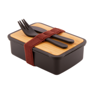 Lunchbox van gerecycled plastic met deksel van bamboe, met mes en vork en elastische band.