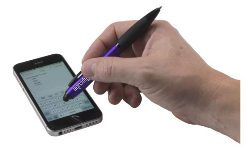 Detail van een touch balpen met bedrukte merknaam