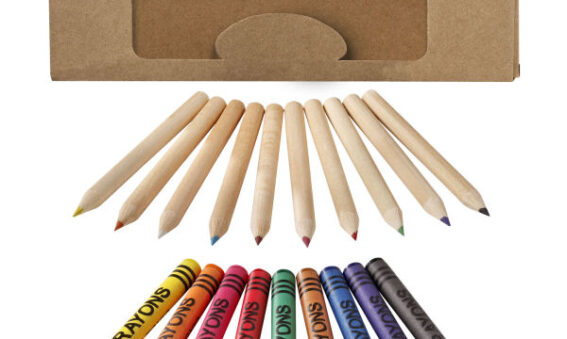 Kleurpotloden bedrukt in verschillende kleuren samen met waskrijt