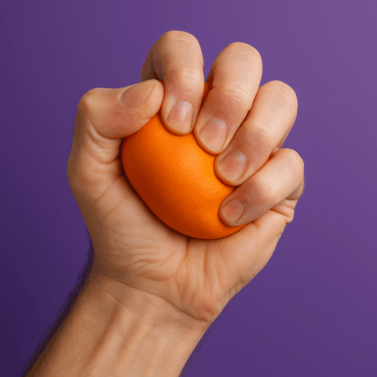 Oranje bedrukte stressbal met logo, vastgehouden door een hand