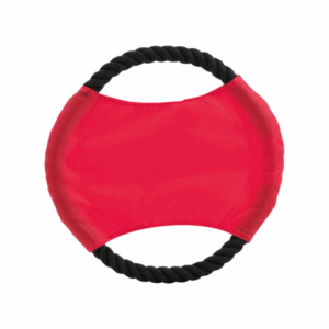 Rode bedrukte honden frisbee met zwart koord als steun