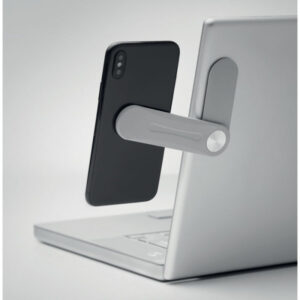 Metalen bedrukte telefoon houder aan laptop. Perfect bedrukte computer- en laptopaccessoires
