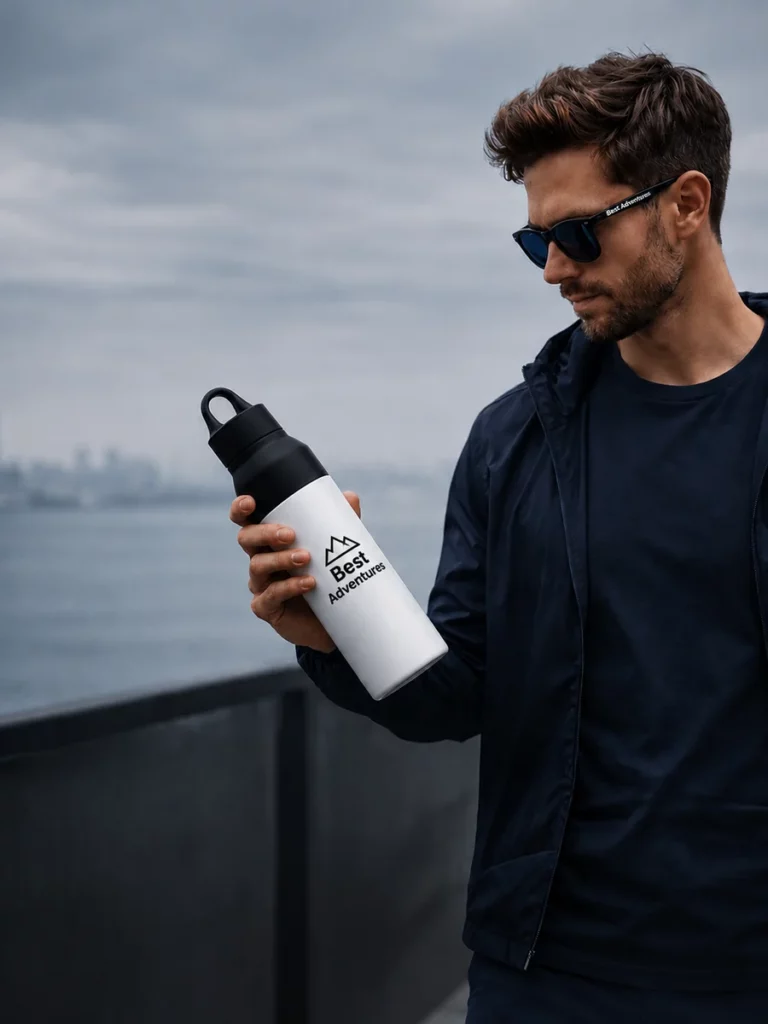 Man met bedrukte drinkfles en zonnebril met Best Adventures-logo erop gedrukt