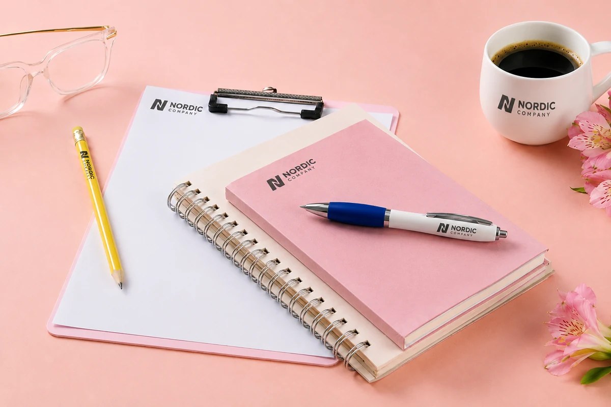 Bedrukte balpen, potlood, notitieboeken en koffiekop